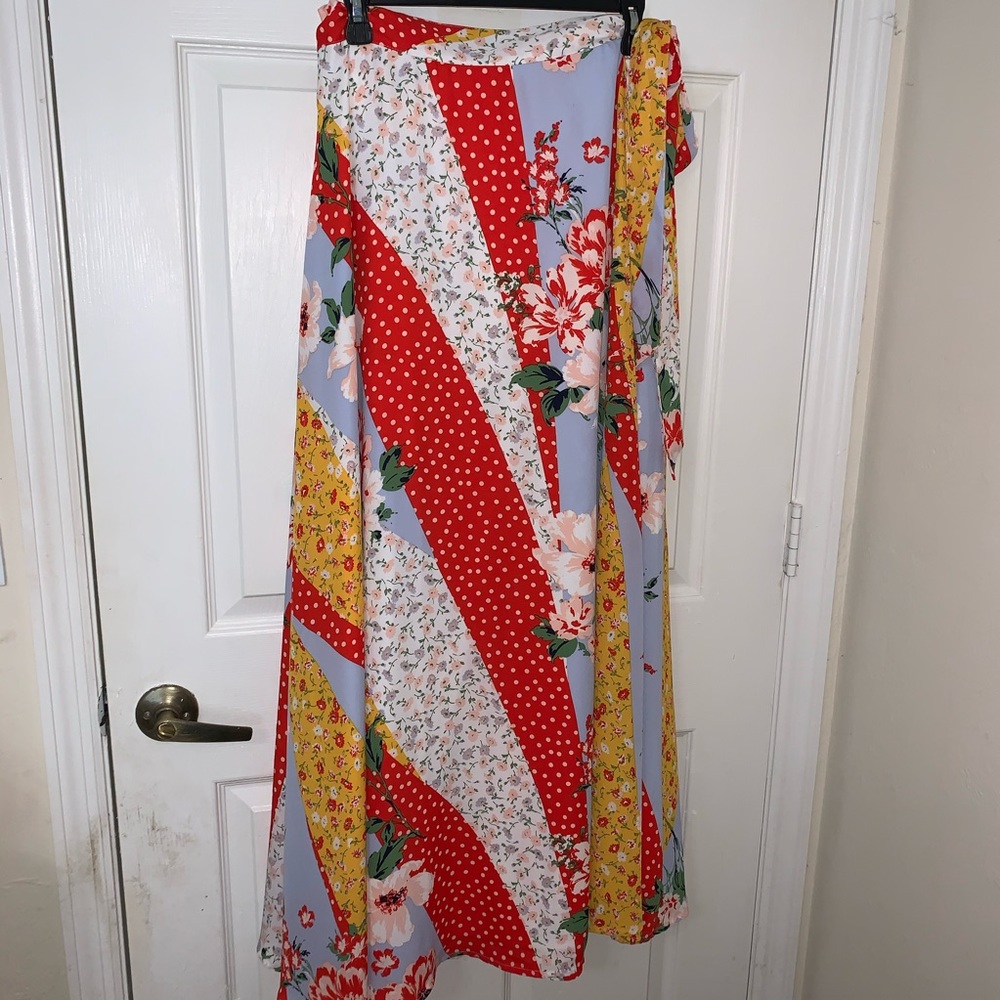 New York & Company Floral Patchwork Maxi Skirt in Red, Yellow & Light Blue